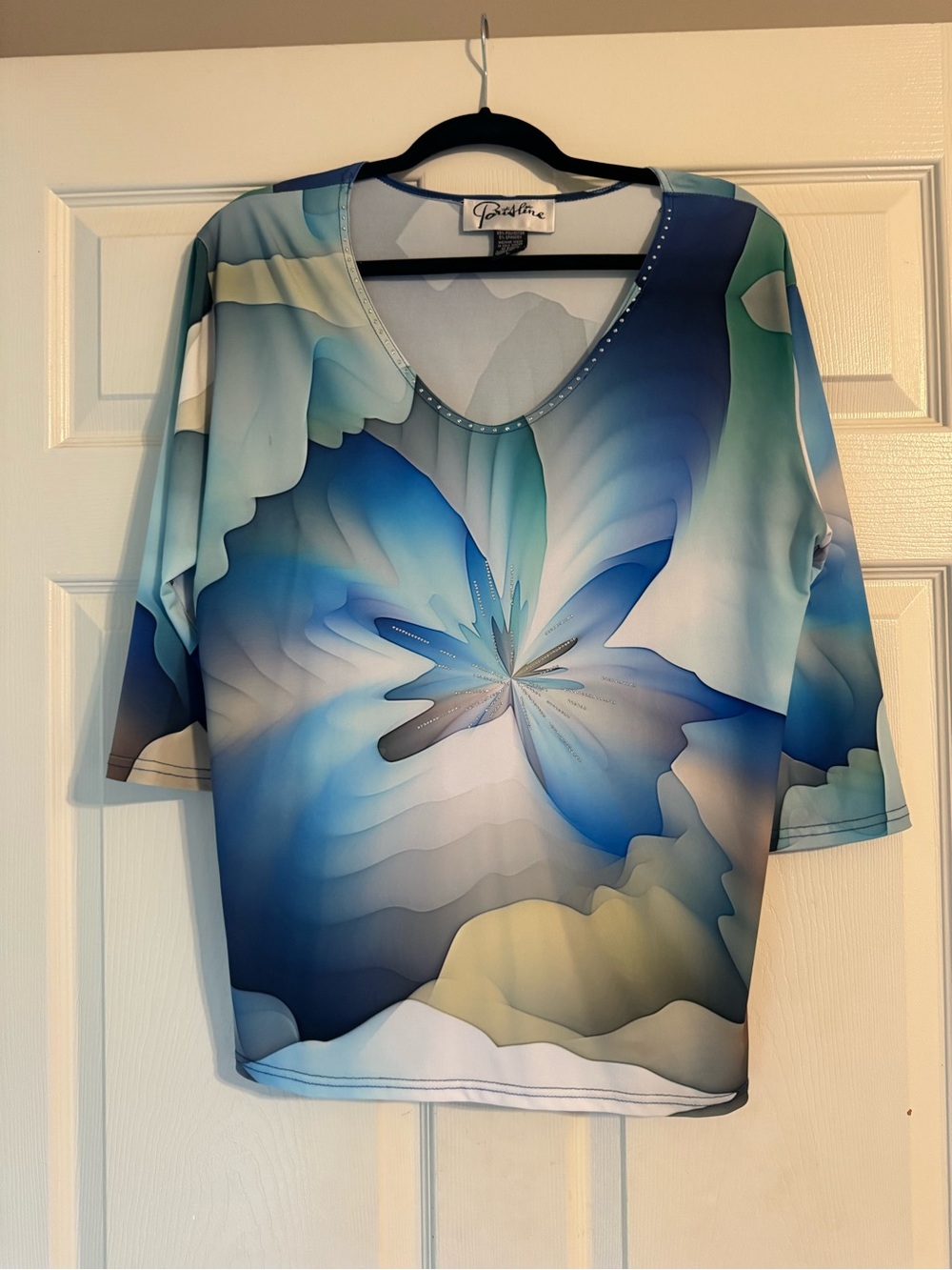 Blue Floral V-Neck Blouse with Rhinestone Trim